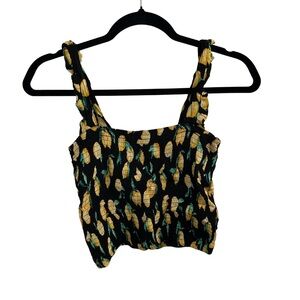 Victoria's Secret Black Crop Top with Yellow & Green Leaf Print